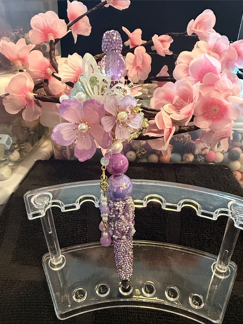 Purple Floral Beaded Pen Charm - Decorative Keyring Accent